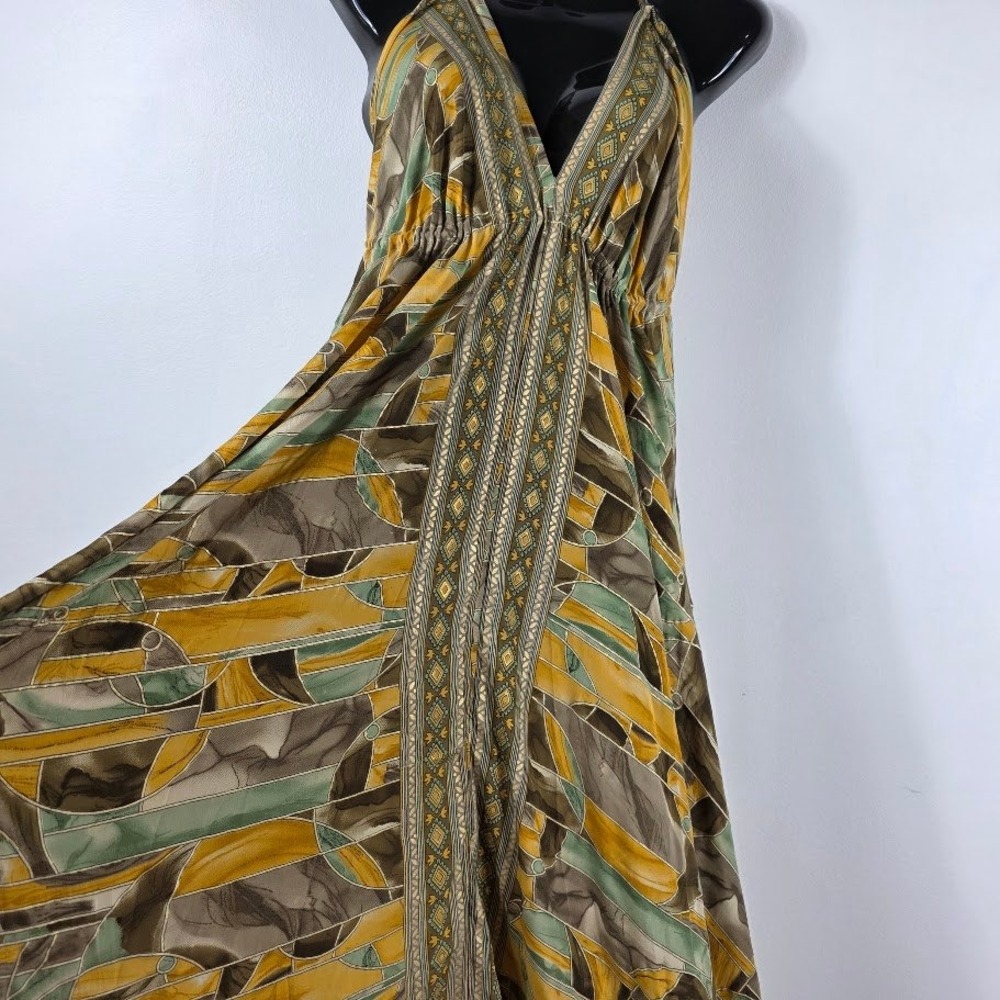 Silk/ Viscos Maxi Dress Women S-XL Gold Boho Halter Tiered Geometric - Picture 2 of 8